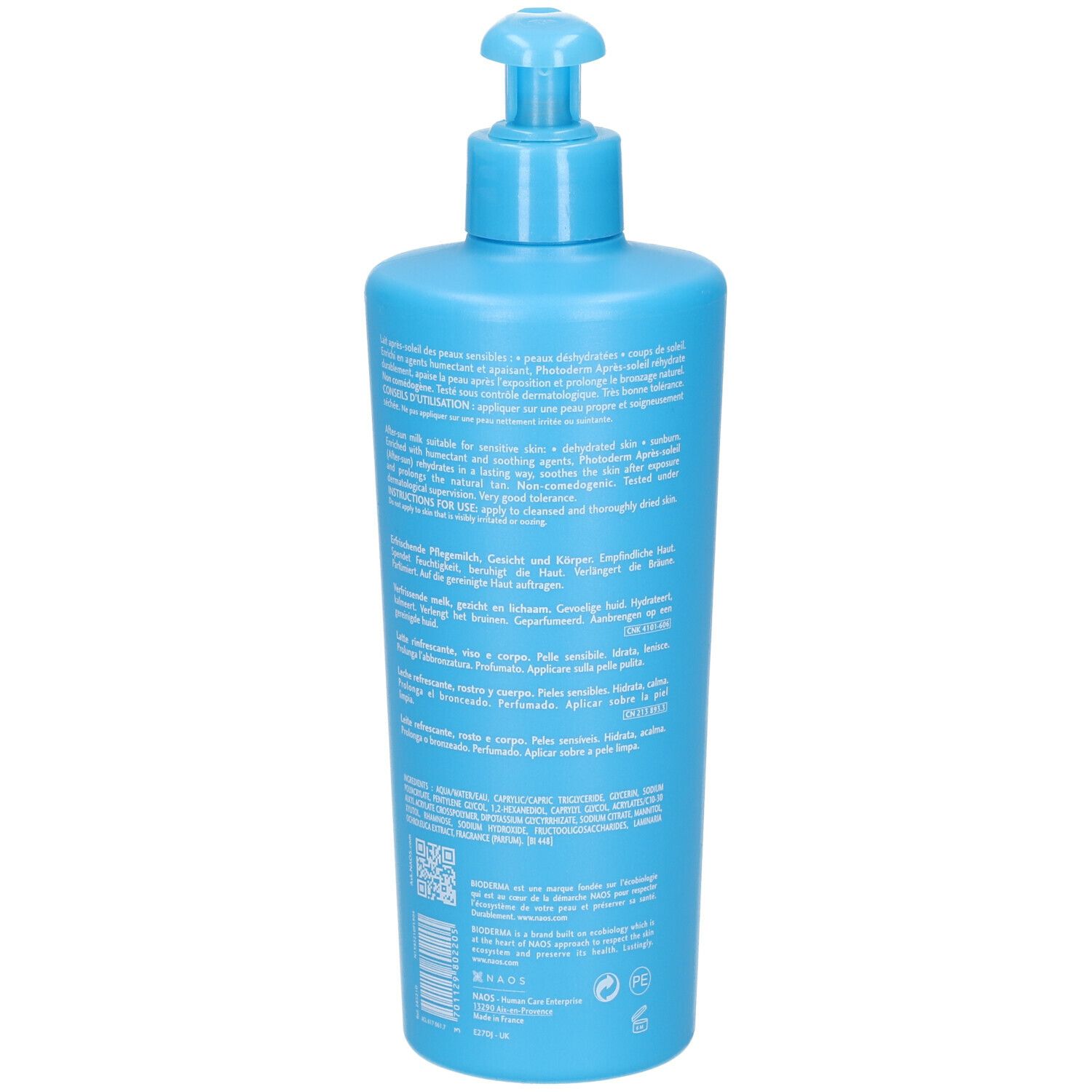 Flacon bleu clair avec pompe doseuse. Dos avec texte multilingue. Détails et logos.