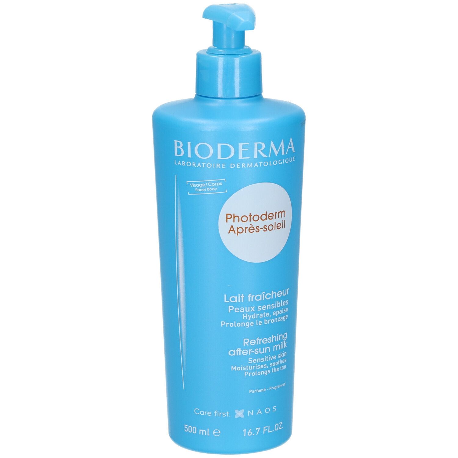 Flacon bleu clair avec pompe doseuse. Inscriptions: BIODERMA, Photoderm Après-soleil. Texte en français et anglais.