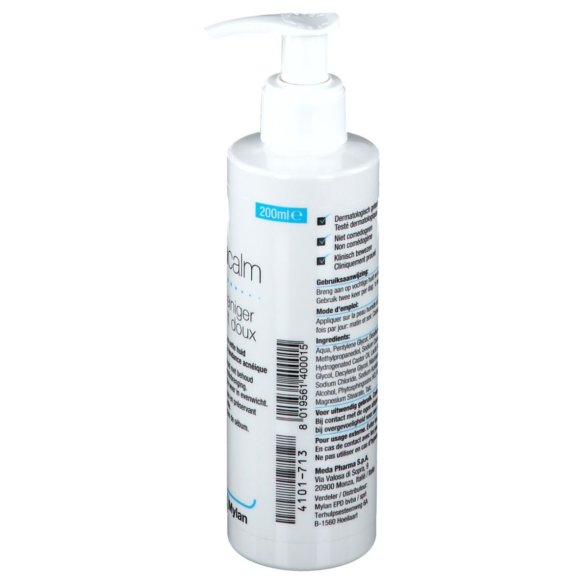 Flacon blanc avec pompe. Inscription 'acnacalm' et 'Mylan'. Texte et code-barres. Indication de volume '200ml'.
