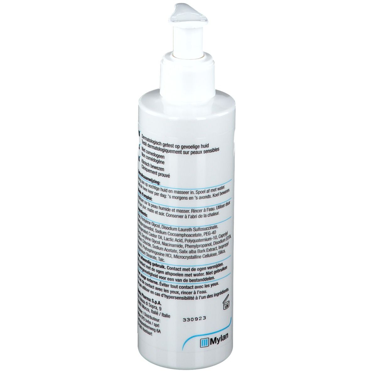 Flacon blanc avec pompe. Texte en allemand, français et néerlandais. Logo 'Mylan'. Ingrédients et instructions d'utilisation.