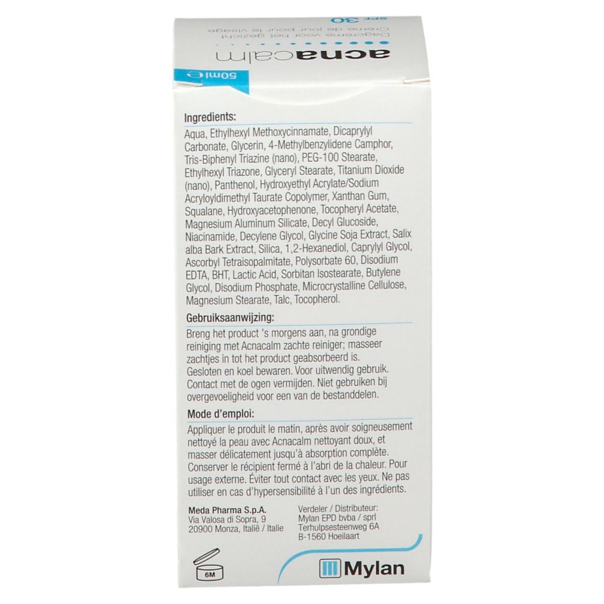 Achterkant van de verpakking. Lijst van ingrediënten. Tekst in het Nederlands en Frans. Merk: Mylan.