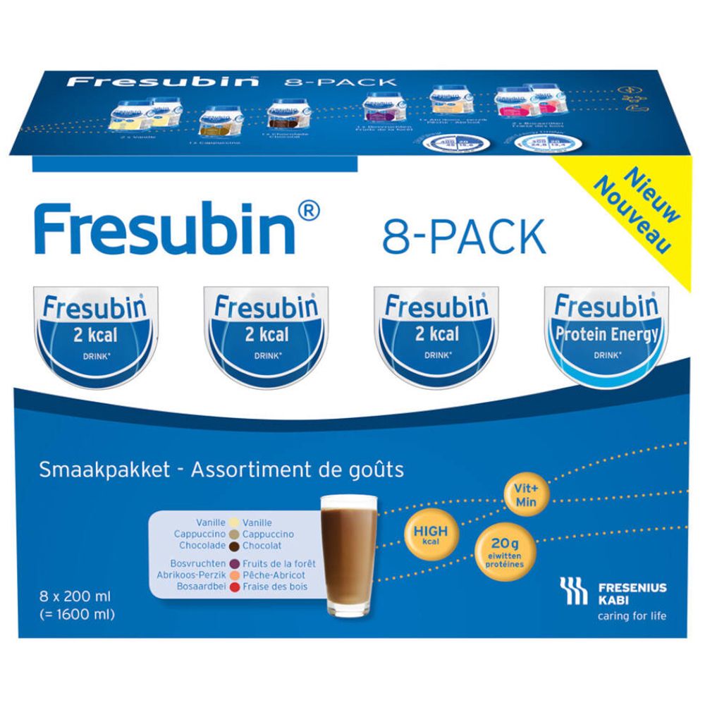 Fresubin 8-Pack. Assortiment de goûts. 8 bouteilles. Inscriptions: 2 kcal, Protein Energy. Vitamines, minéraux. Nouveau.