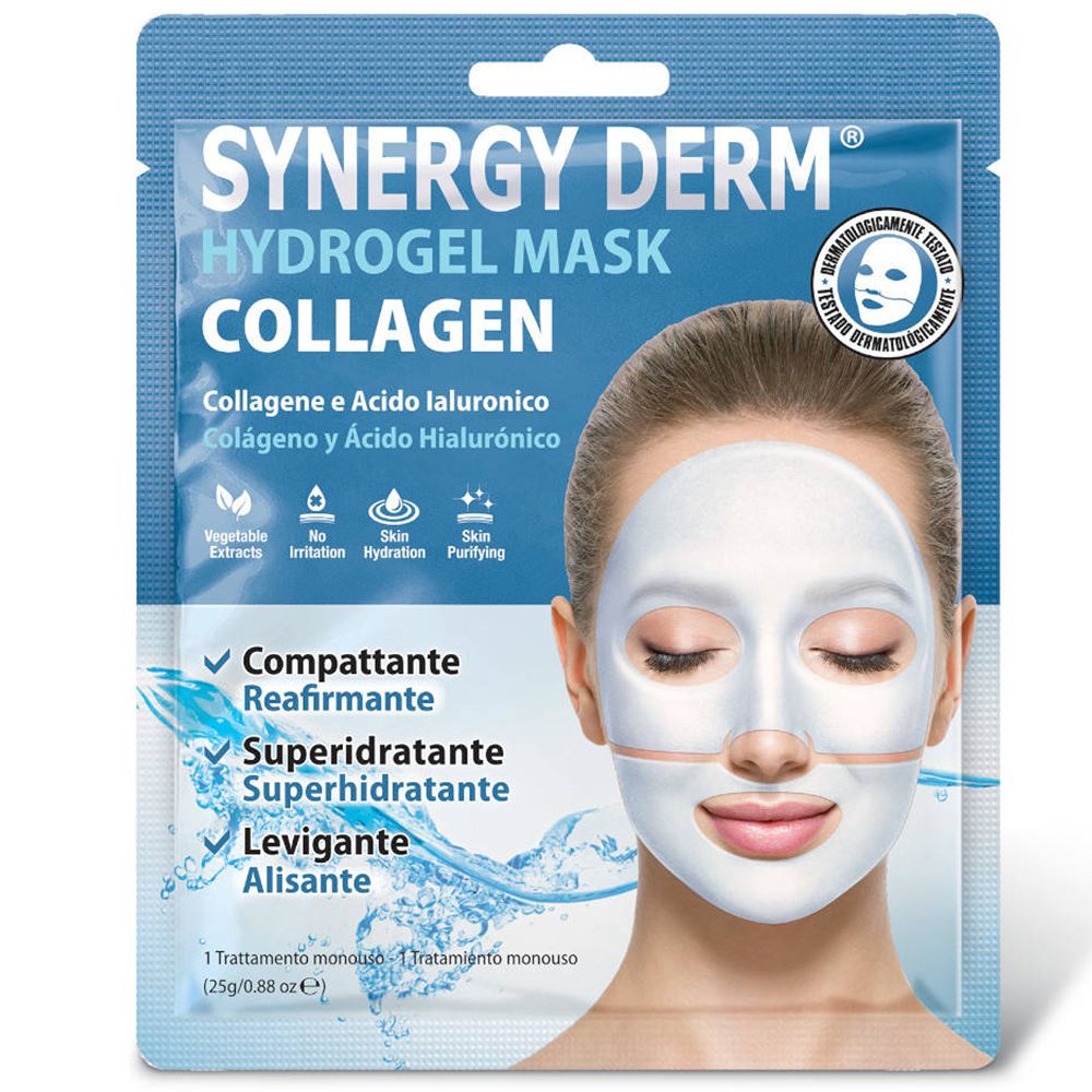 Masque facial en sachet. Inscription : SYNERGY DERM® Hydrogel Maske Kollagen. Femme portant le masque.