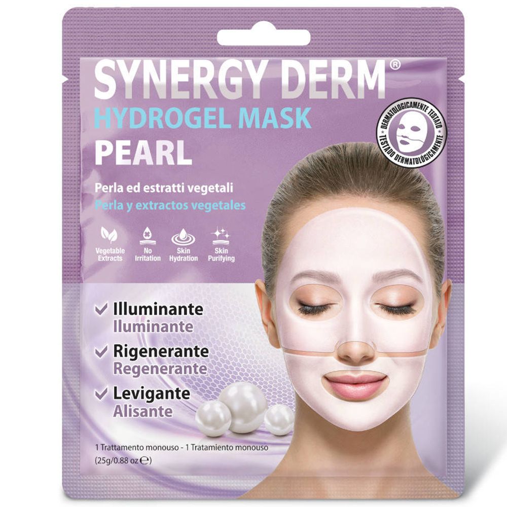 Masque facial SYNERGY DERM® Hydrogel Mask Pearl. Emballage violet avec image du produit et texte. Perles et femme portant le masque.