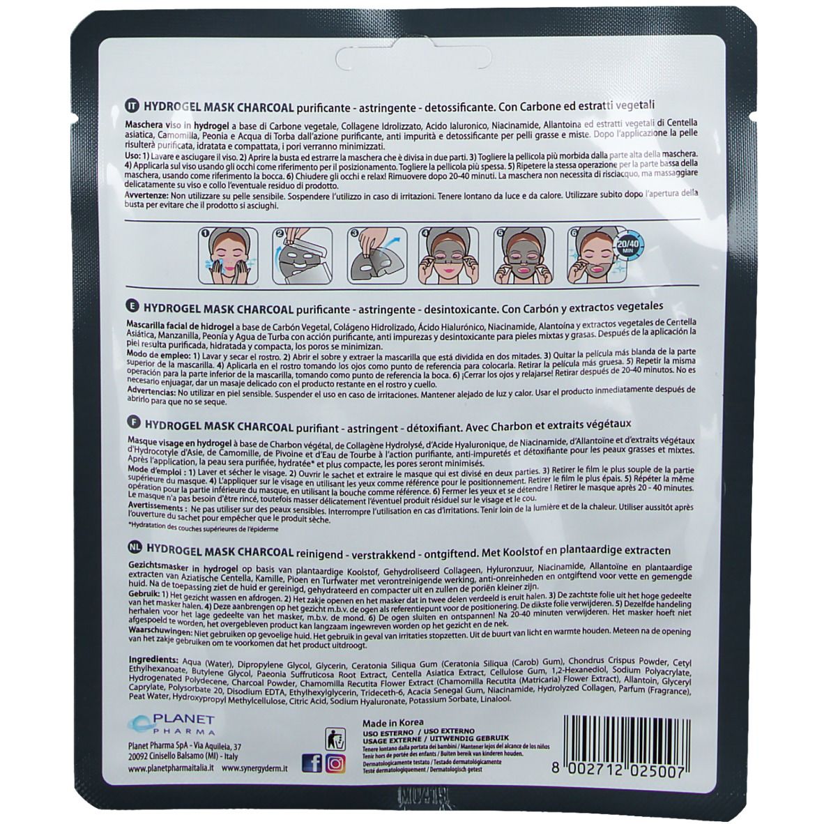 Achterkant van de verpakking van SYNERGY DERM® Hydrogel Maske Aktivkohle. Meertalige tekst. Illustraties van toepassing.