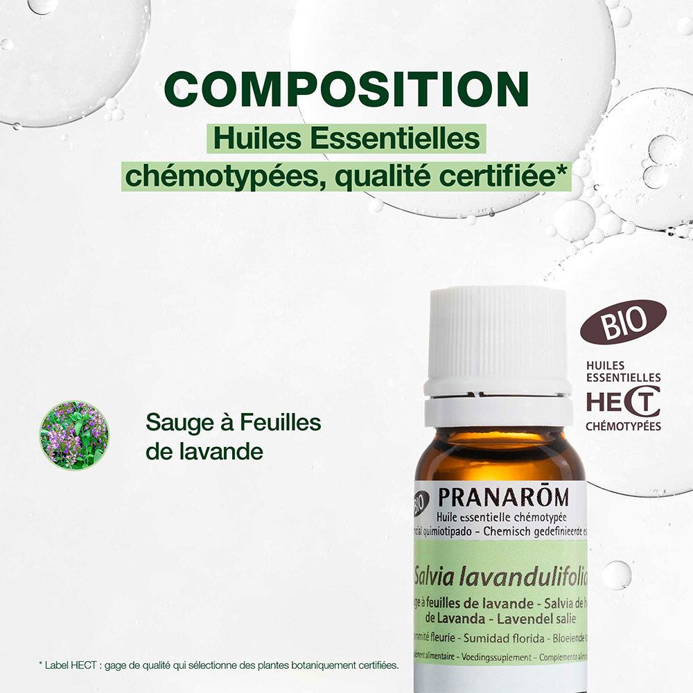PRANAROM Ölflasche. Text: Huiles Essentielles chémotypées, Qualität zertifiziert. BIO-Zertifizierung.