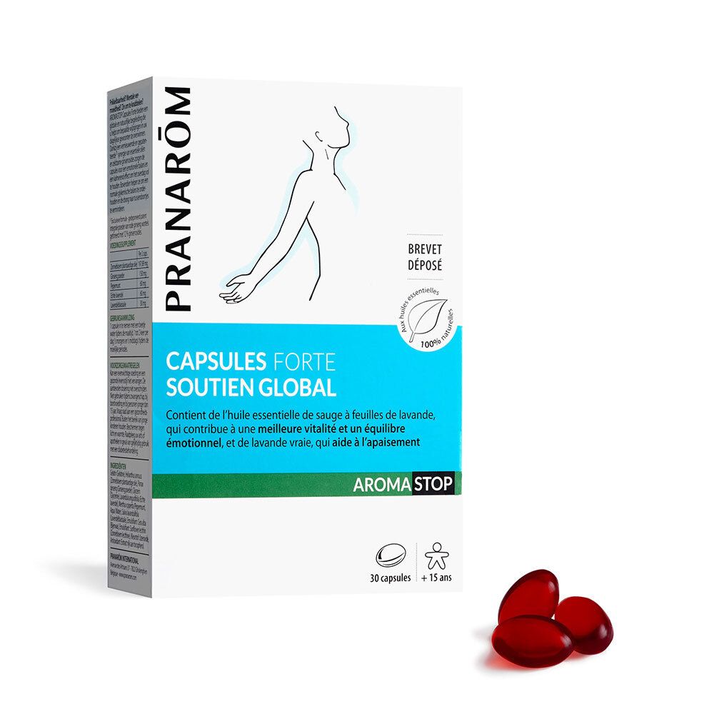 Boîte de capsules Pranarôm. Capsules Forte Soutien Global. 30 capsules. Capsules rouges à côté.