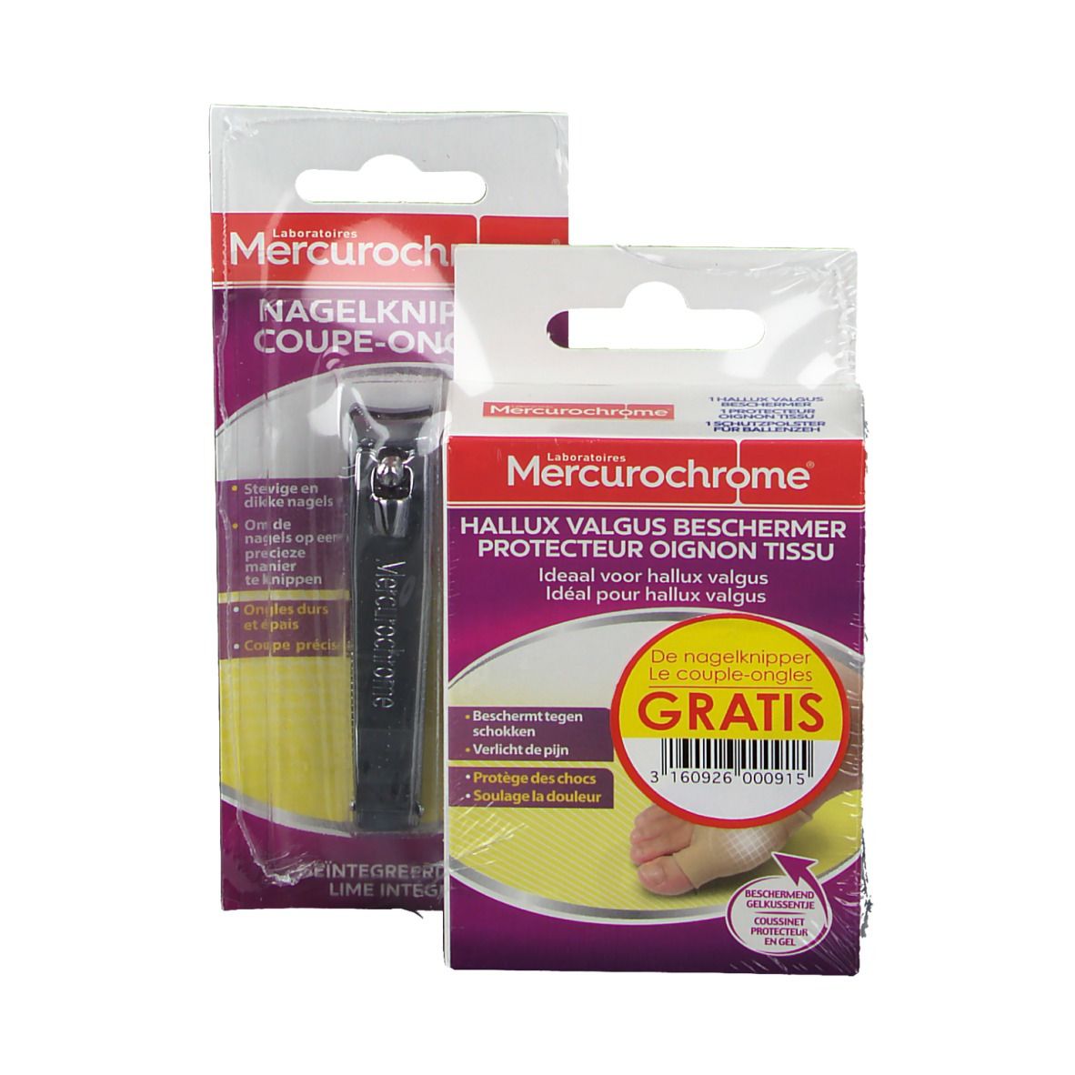 Emballage avec coupe-ongles et protecteur Hallux Valgus. Les deux produits sont emballés dans du plastique. Impressions multilingues.