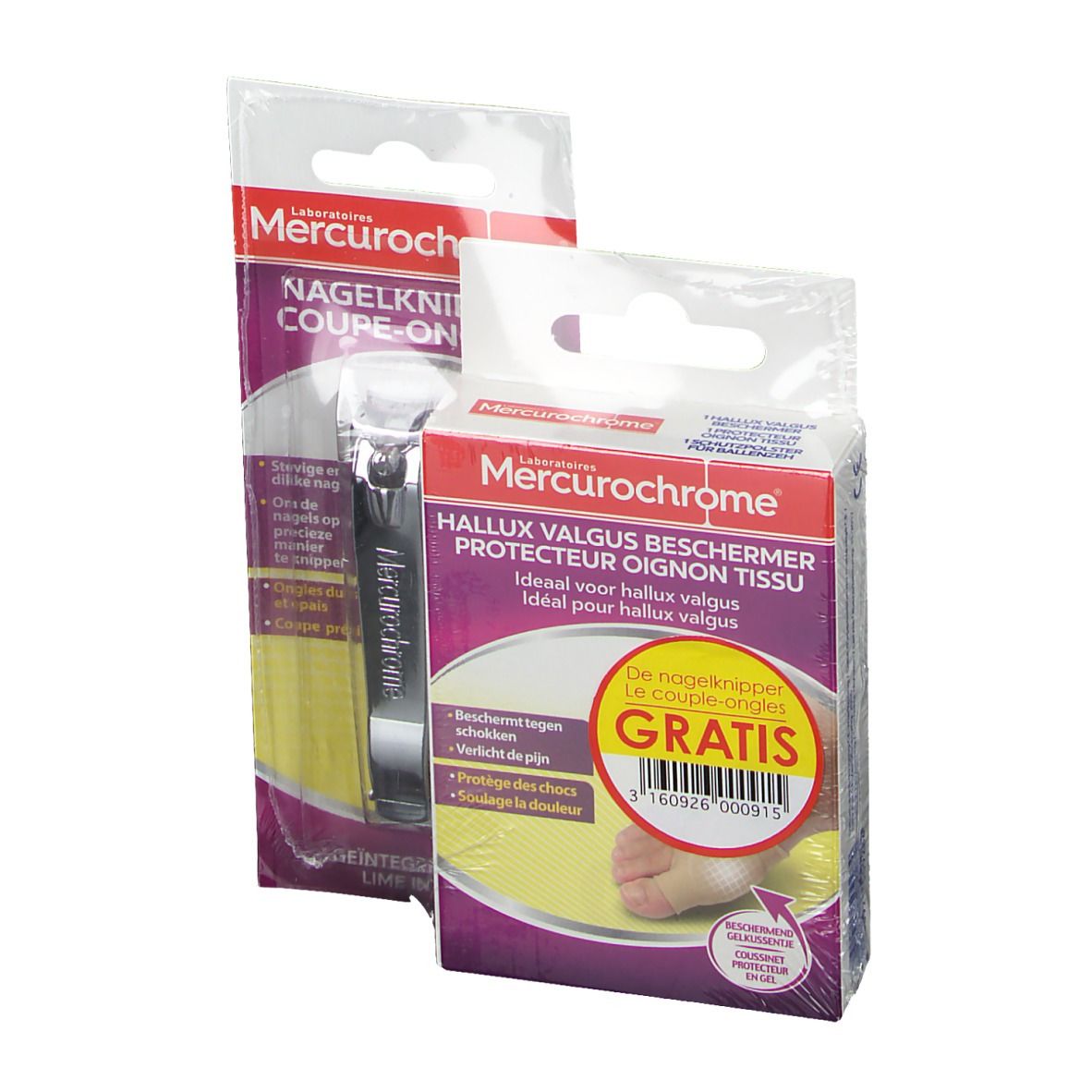 Emballage avec coupe-ongles et protecteur Hallux Valgus. Les deux produits sont emballés dans du plastique. Impressions multilingues.