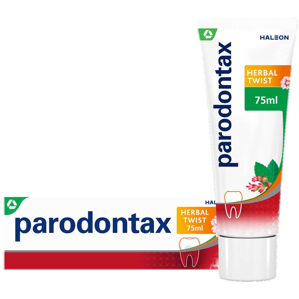 Tube et boîte de dentifrice parodontax Herbal Twist. Blanc, vert, rouge. 75ml.