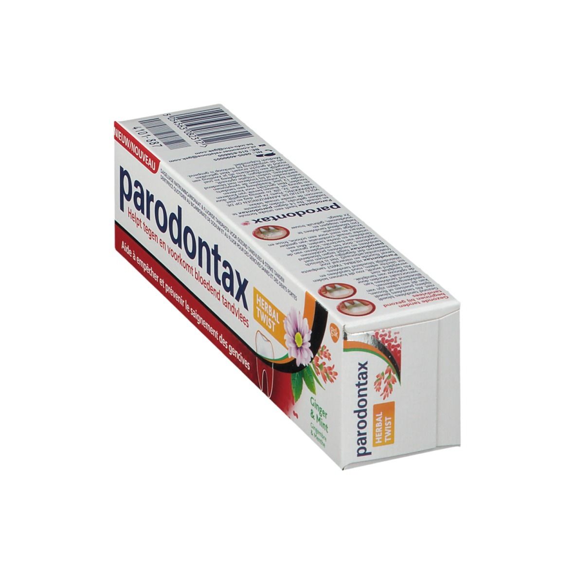 Boîte parodontax Herbal Twist. Vue en biais. Texte et illustration du produit. Blanc, rouge, orange.