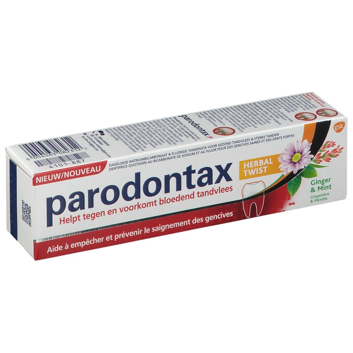 Boîte de dentifrice parodontax Herbal Twist. Texte et illustration du produit. Blanc, rouge, orange.