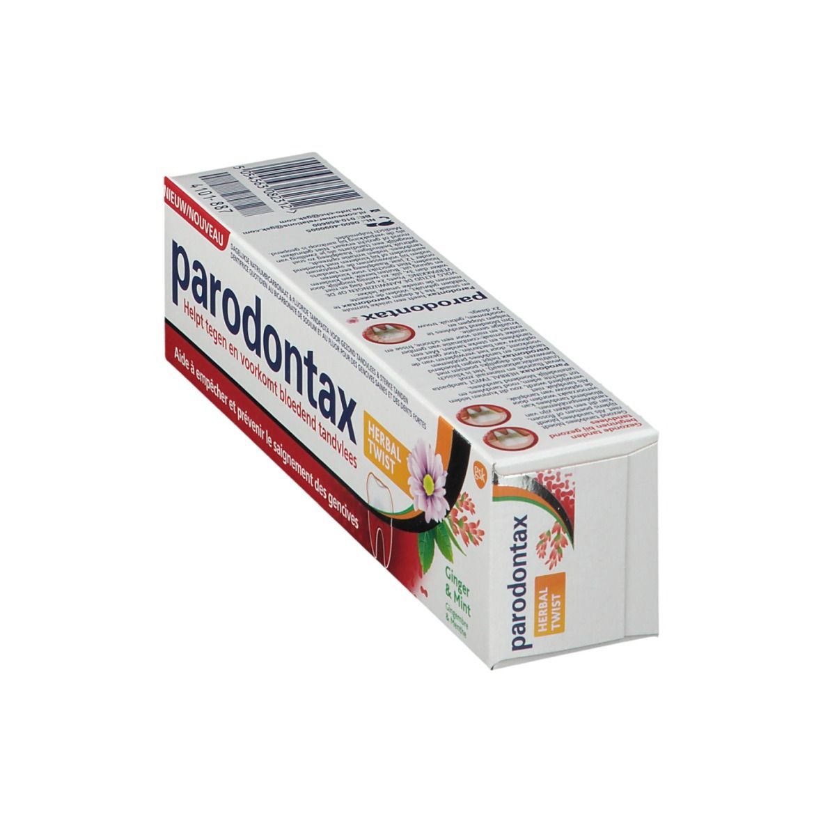 Boîte parodontax Herbal Twist. Vue en biais. Texte et illustration du produit. Blanc, rouge, orange.