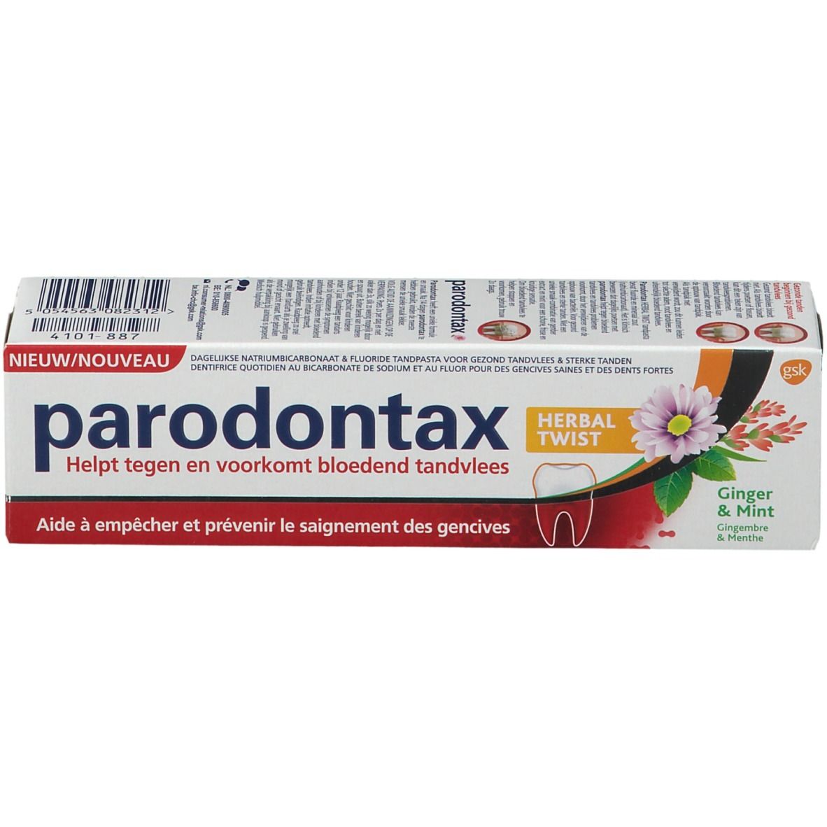 Boîte de dentifrice parodontax Herbal Twist. Texte et illustration du produit. Blanc, rouge, orange.