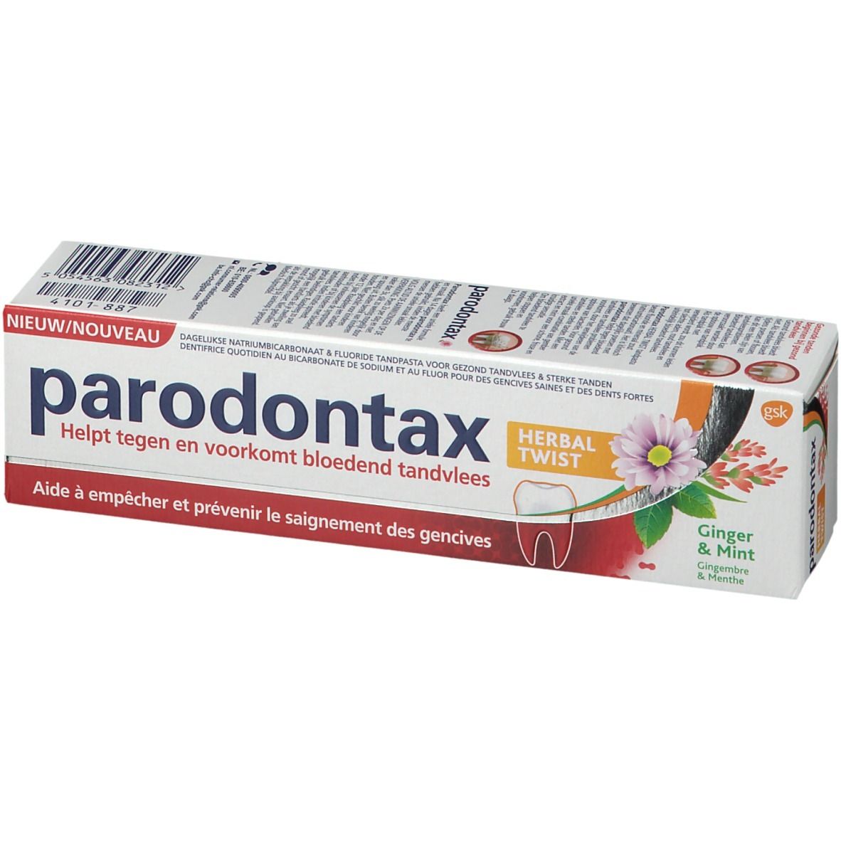 Boîte de dentifrice parodontax Herbal Twist. Texte et illustration du produit. Blanc, rouge, orange.