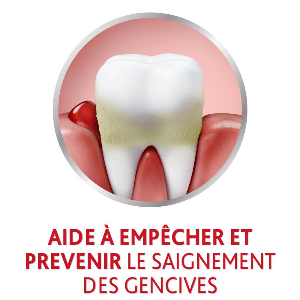 Cercle. Dent avec gencives. Texte : Aide à empêcher et prévenir le saignement des gencives.