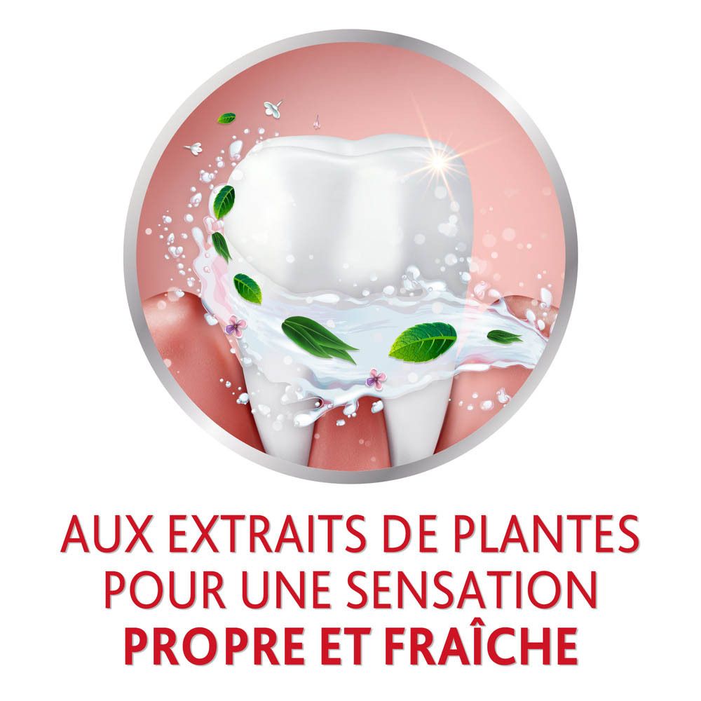 Cercle. Dent avec eau. Texte : Aux extraits de plantes pour une sensation propre.