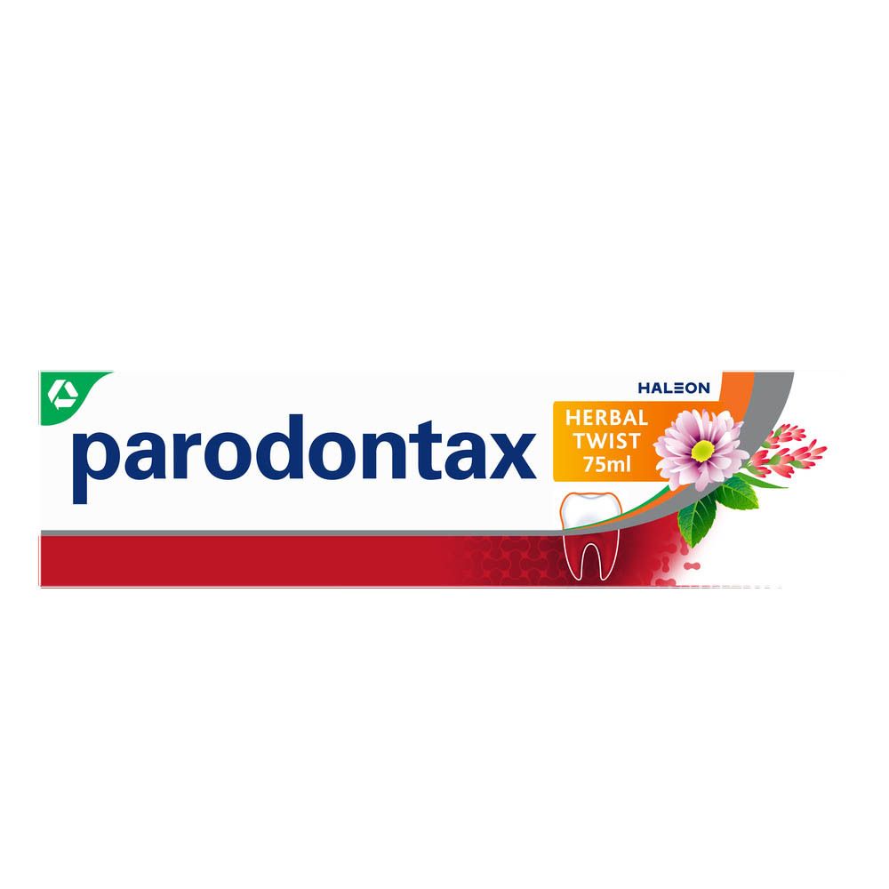 Tube et boîte de dentifrice parodontax Herbal Twist. Blanc, vert, rouge. 75ml.
