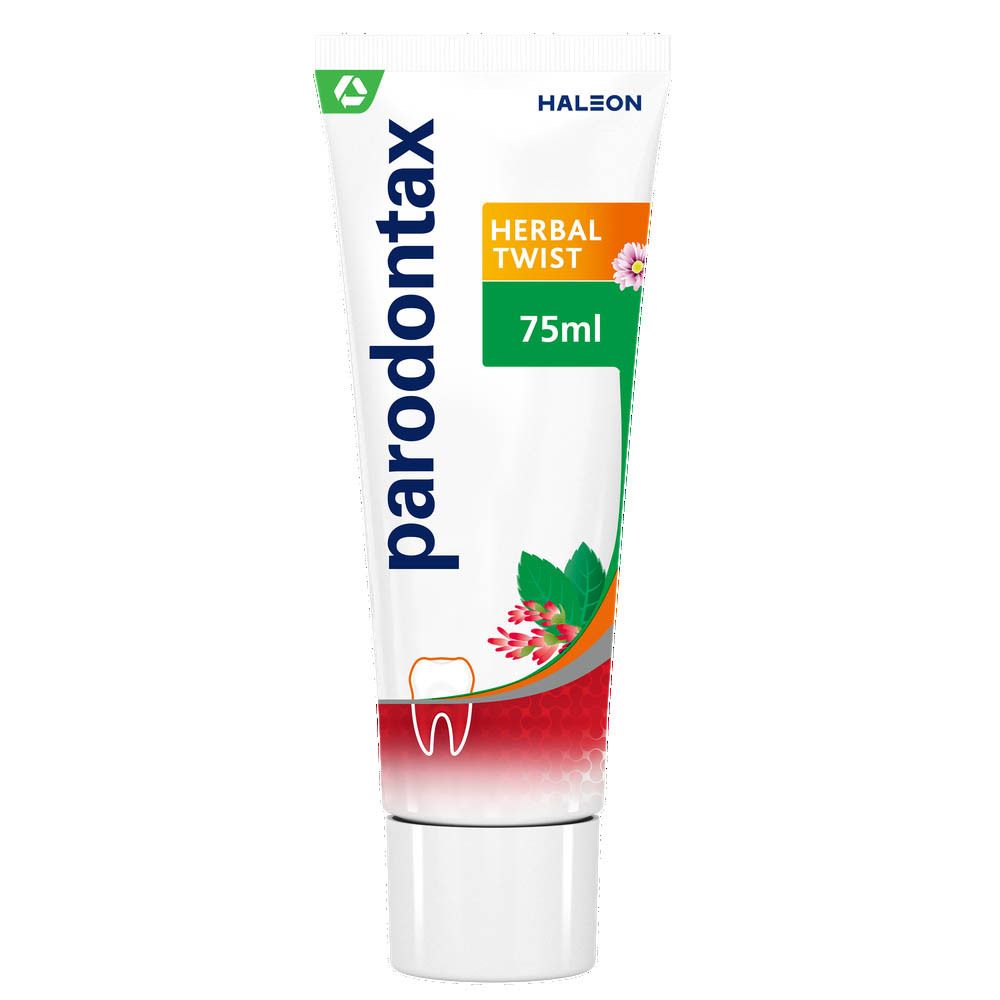 Tube de dentifrice parodontax Herbal Twist. Blanc, vert, rouge. 75ml.