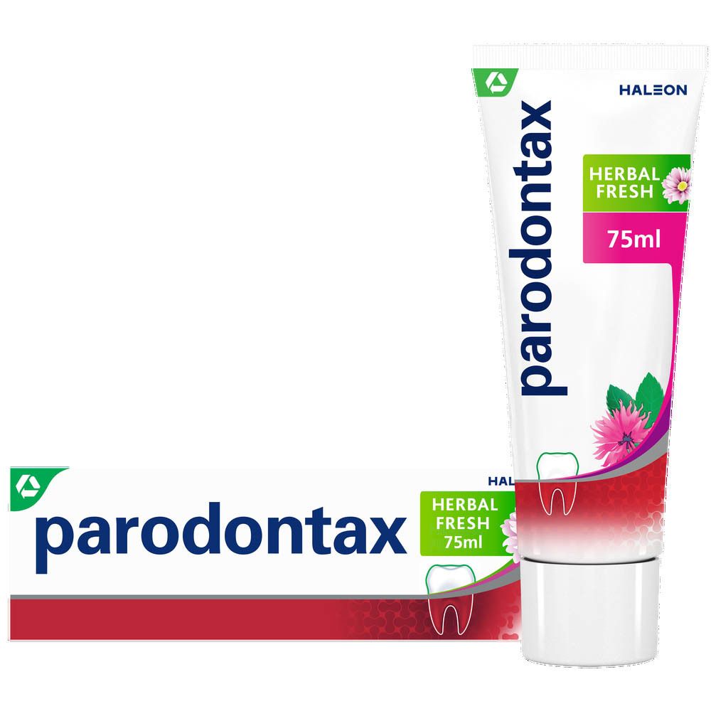 Tube de dentifrice parodontax® Herbal Fresh. Tube et boîte. Logo et texte sur le tube.