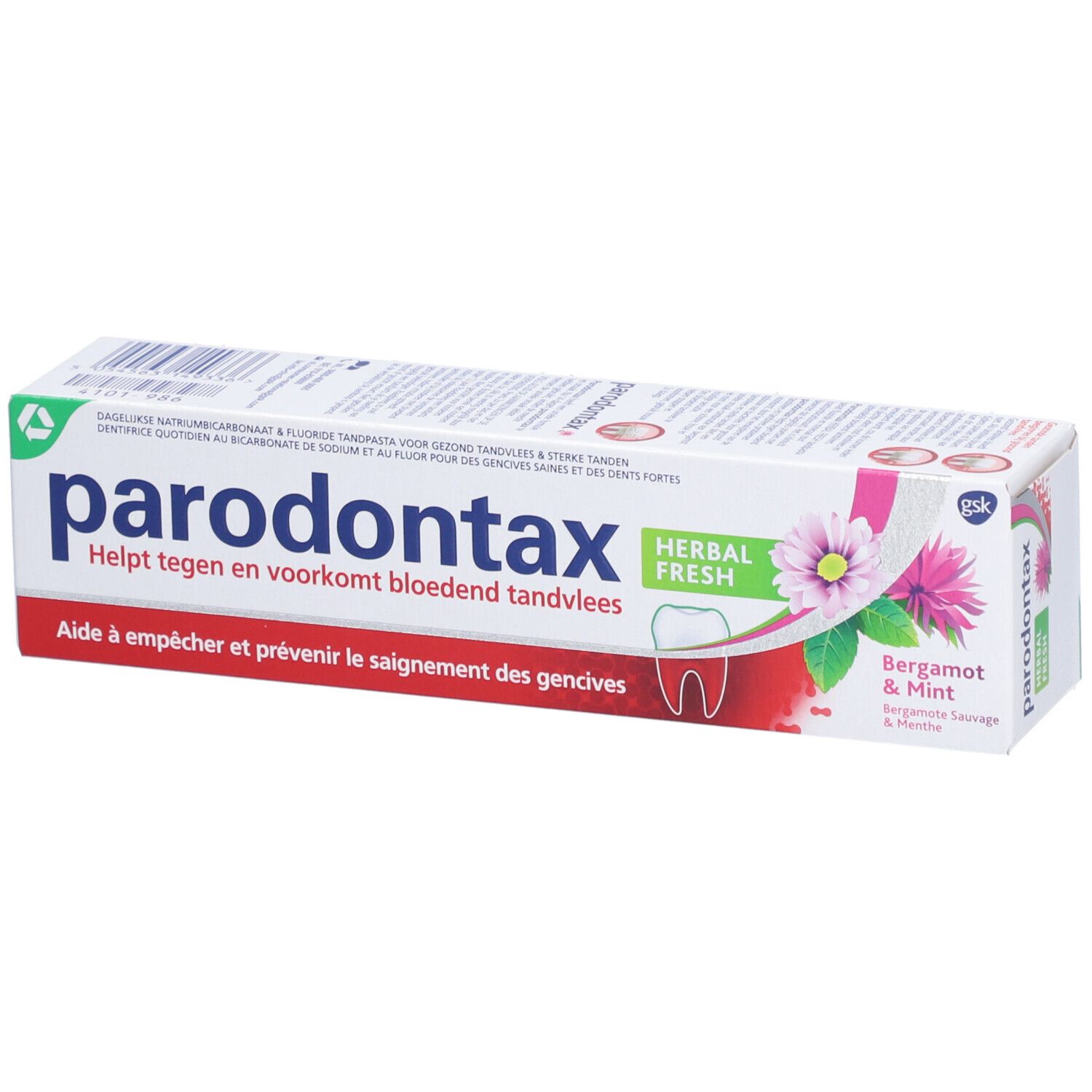 Boîte blanche et verte de dentifrice parodontax® Herbal Fresh. Texte et logo sur l'emballage.