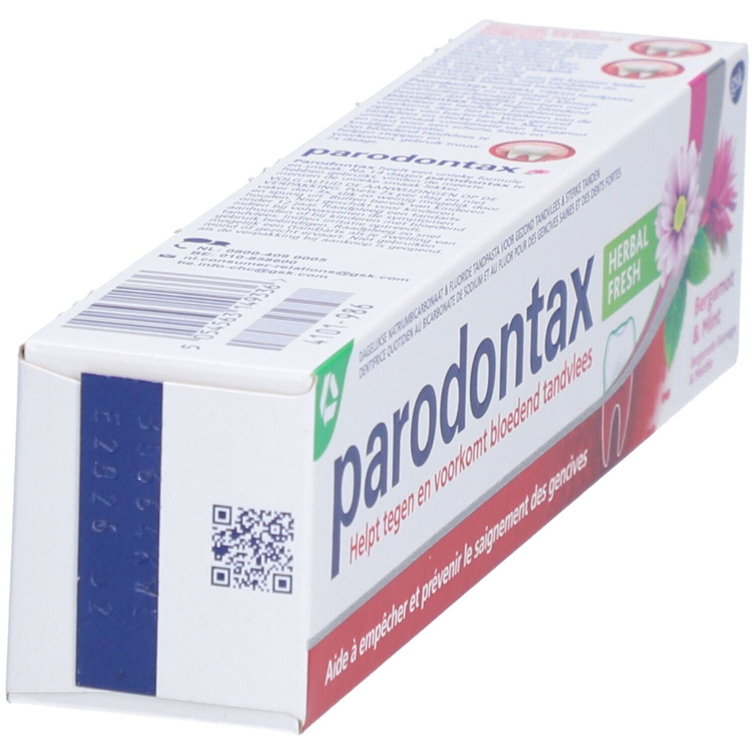Boîte de dentifrice parodontax® Herbal Fresh. Logo, texte et code QR sur l'emballage.
