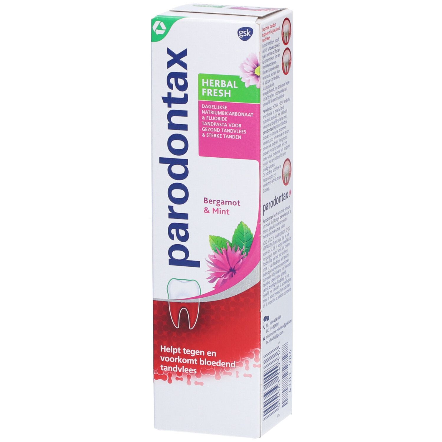Emballage de dentifrice parodontax® Herbal Fresh. Logo, texte et illustrations sur l'emballage.