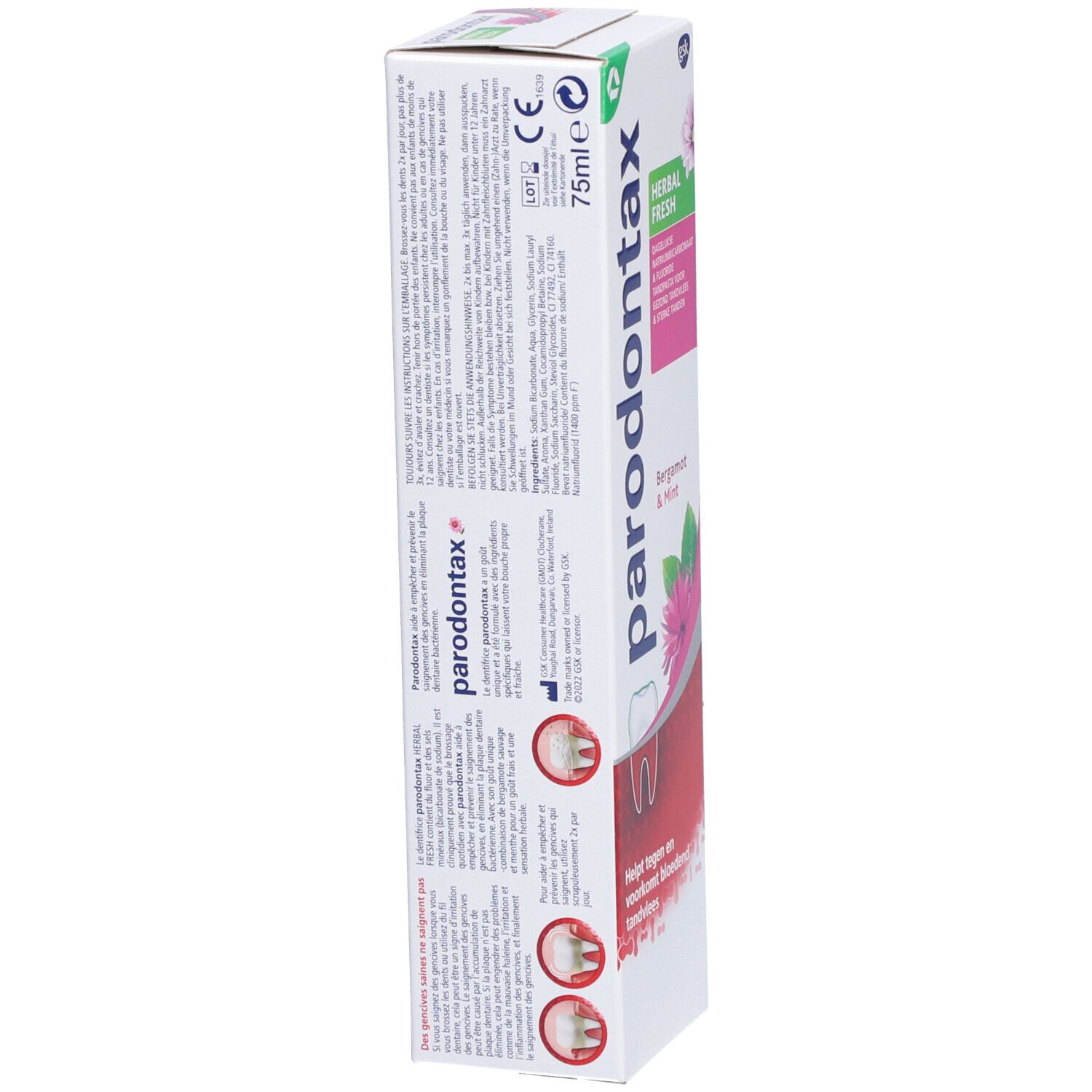 Emballage de dentifrice parodontax® Herbal Fresh. Texte et illustrations sur l'emballage.