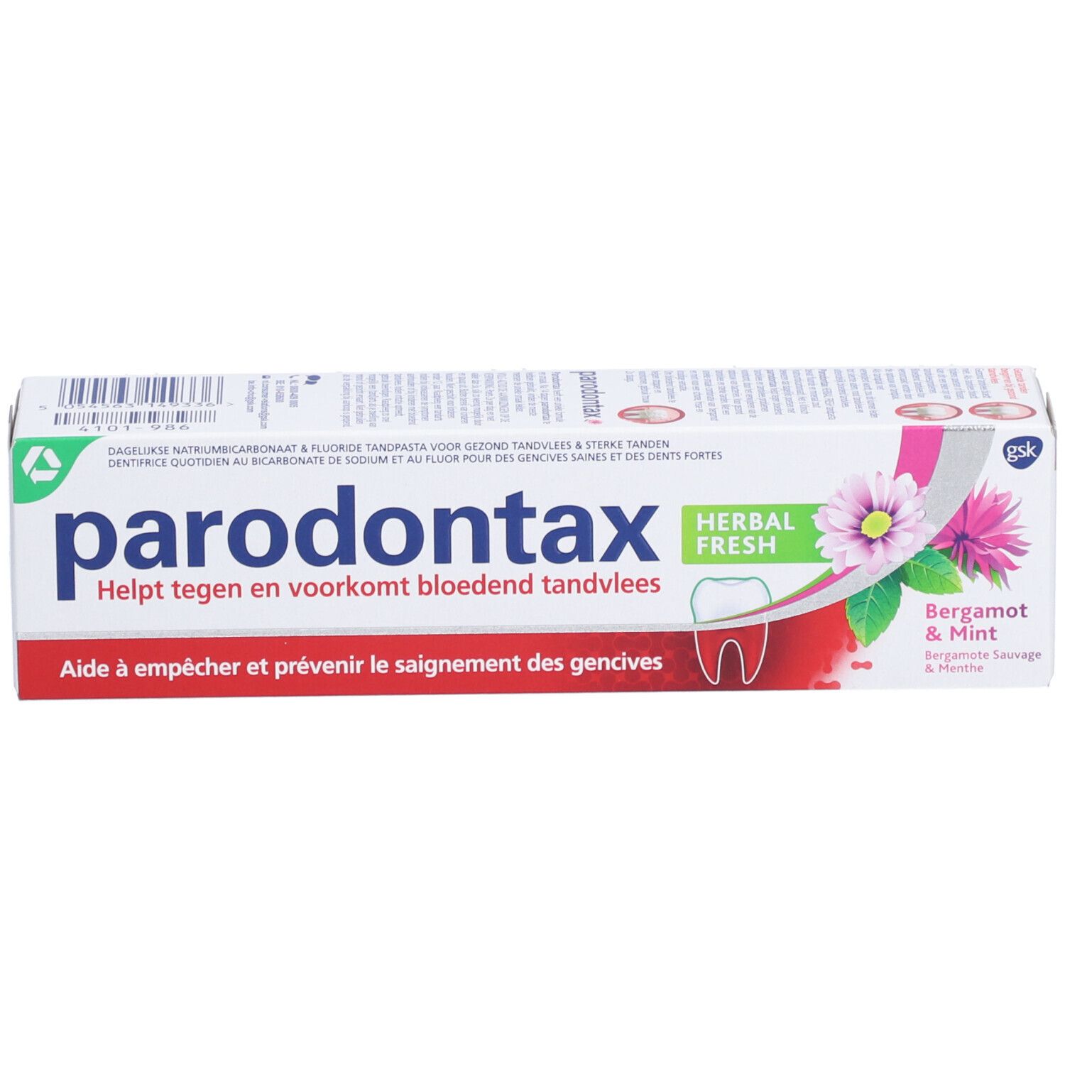 Emballage de dentifrice parodontax® Herbal Fresh. Logo, texte et illustrations sur l'emballage.