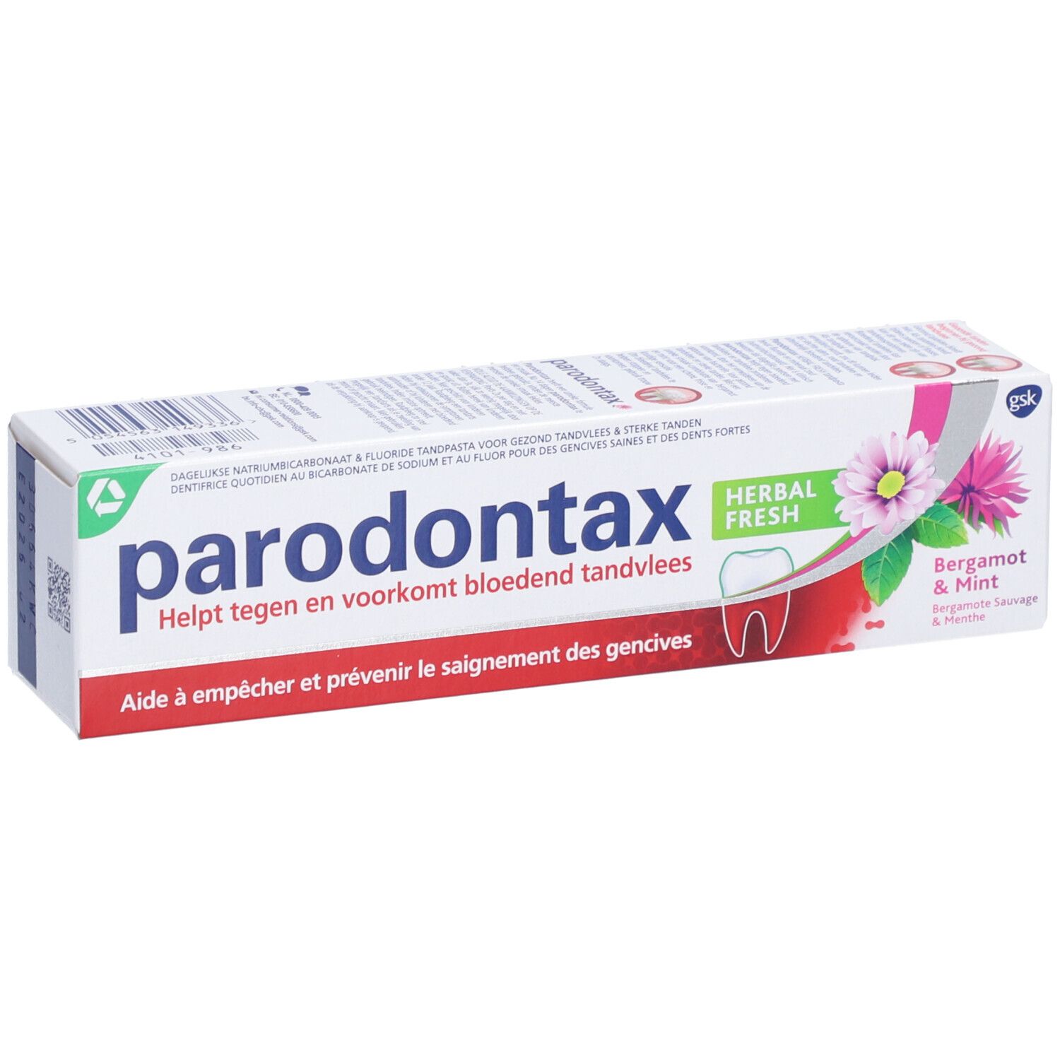 Emballage de dentifrice parodontax® Herbal Fresh. Logo, texte et illustrations sur l'emballage.