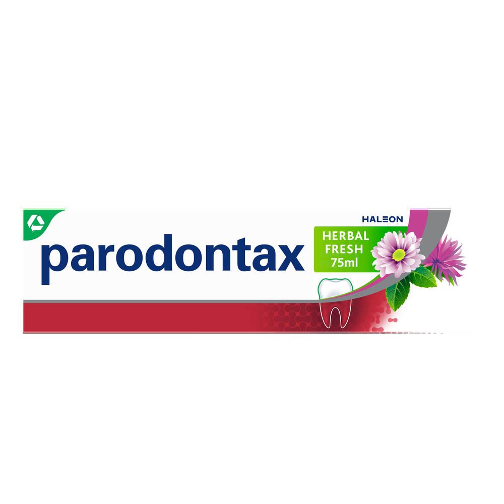 Illustration ronde avec dent et herbes. Texte : avec des extraits de plantes pour une sensation fraîche.