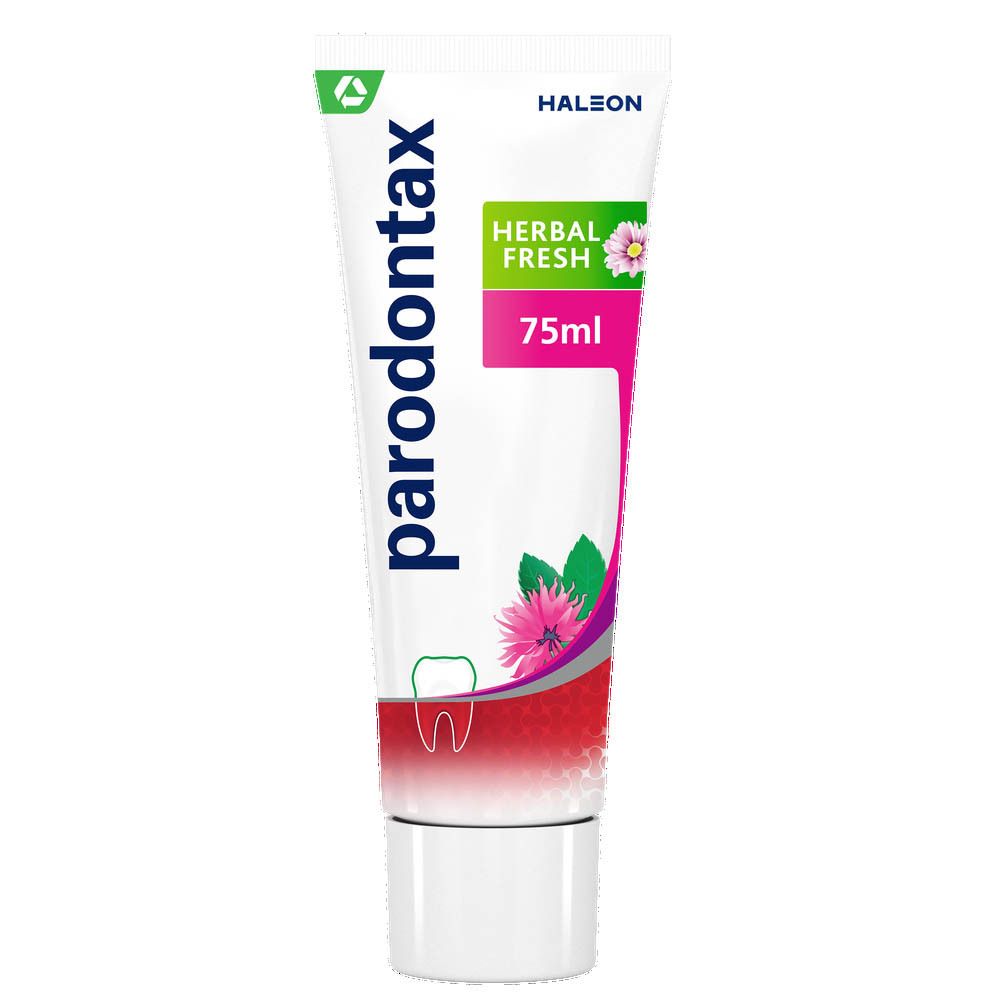 Tube et boîte de dentifrice parodontax® Herbal Fresh. Blanc, rouge, vert. Texte et logo.