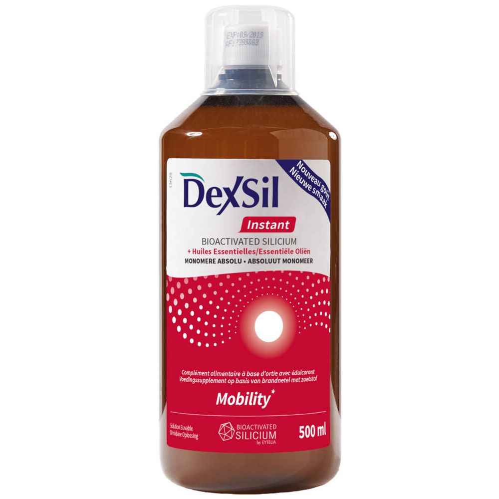 Liquide brun en bouteille. Inscription DexSil Instant, Mobility. 500 ml.