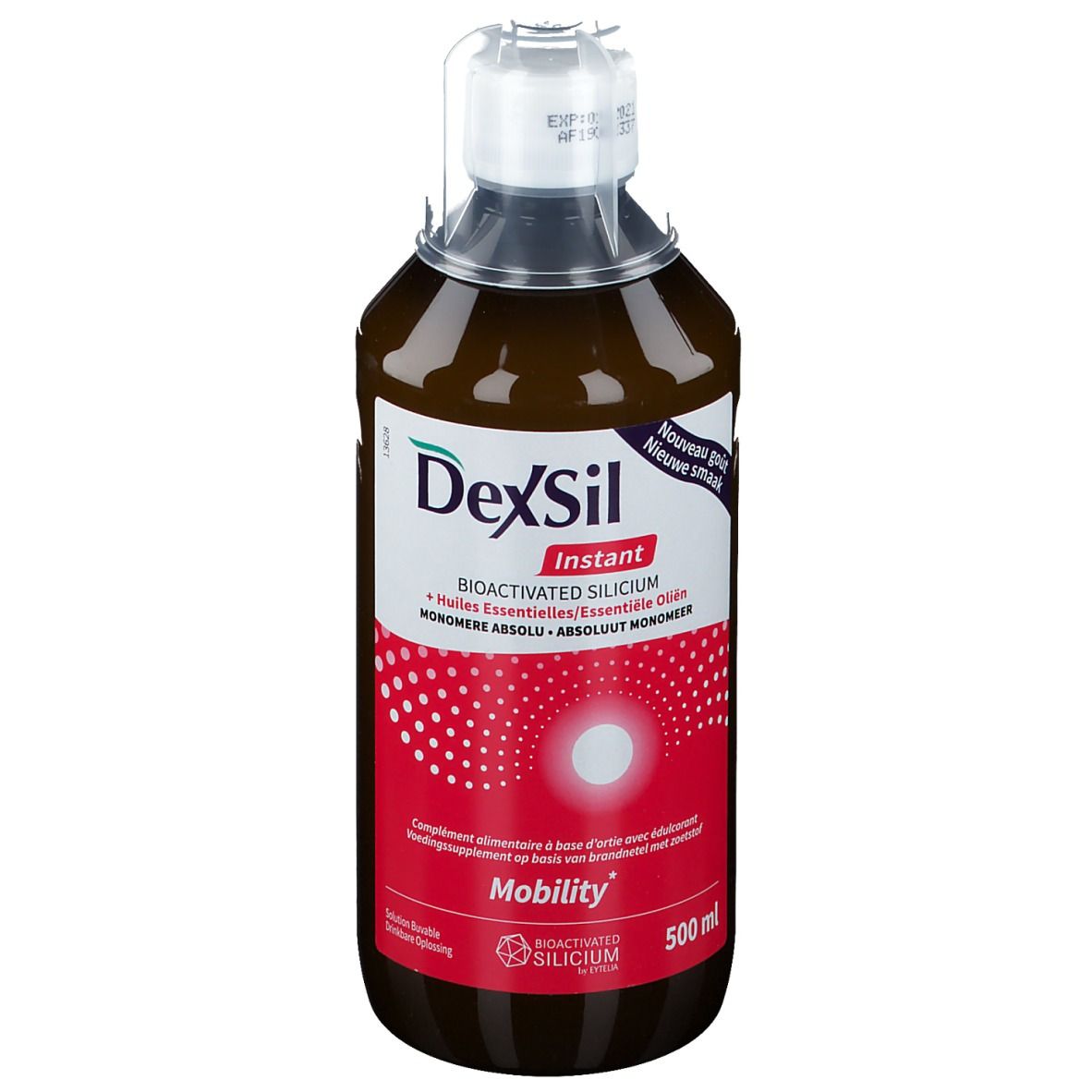 Liquide brun en bouteille. Inscription DexSil Instant, Mobility. 500 ml.