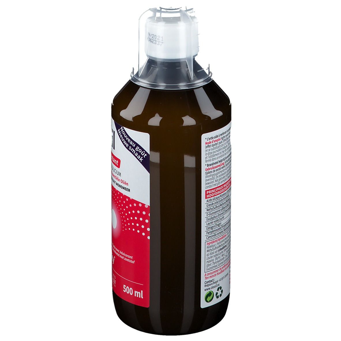 Bouteille de liquide brun. Dos avec ingrédients et informations fabricant.