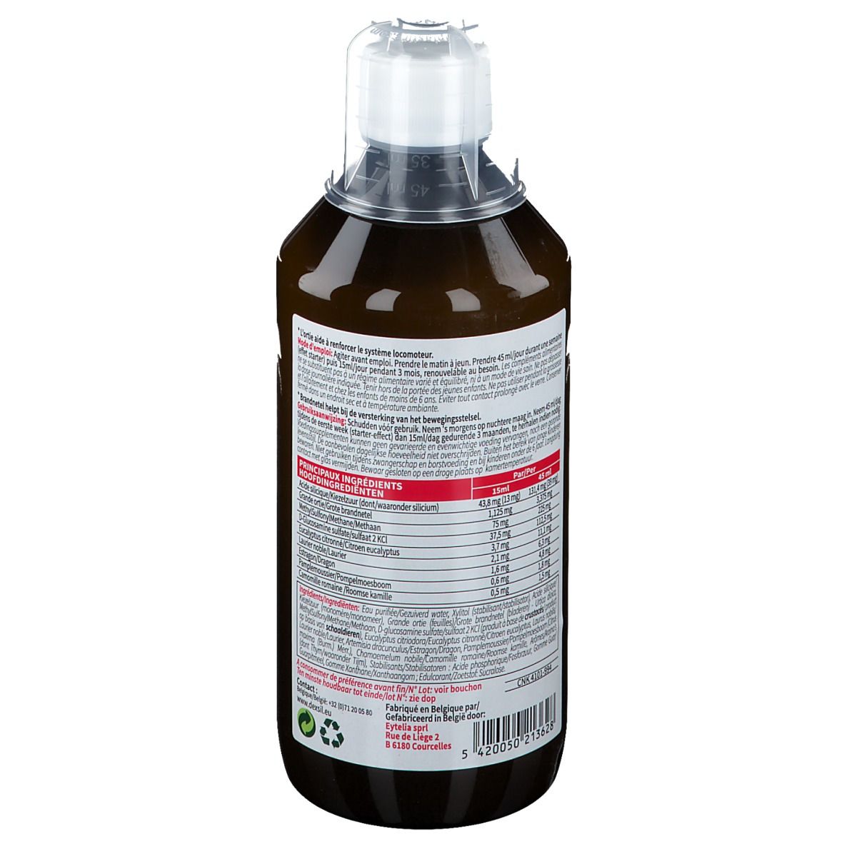 Bouteille de liquide brun. Dos avec ingrédients et informations fabricant.