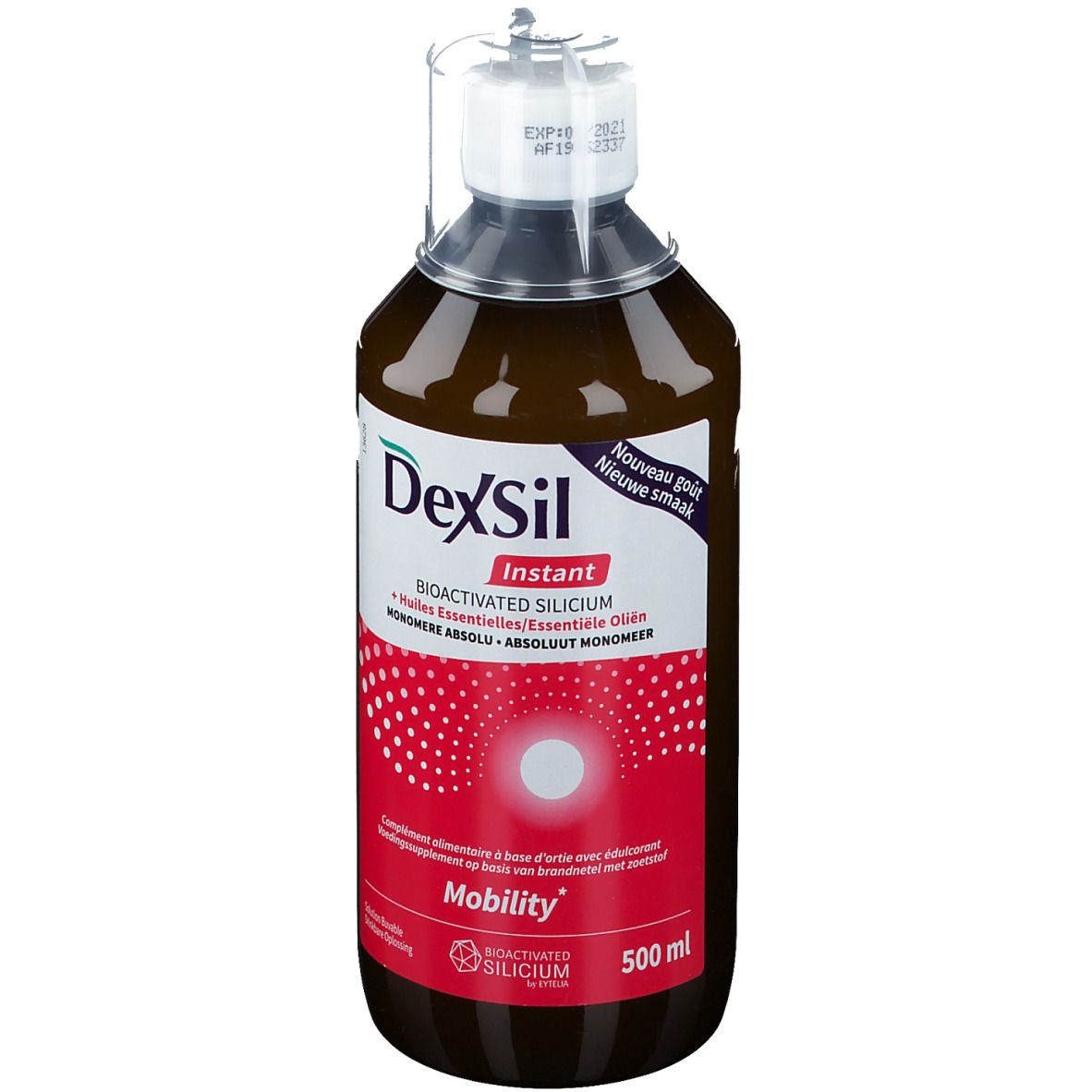 Liquide brun en bouteille. Inscription DexSil Instant, Mobility. 500 ml.