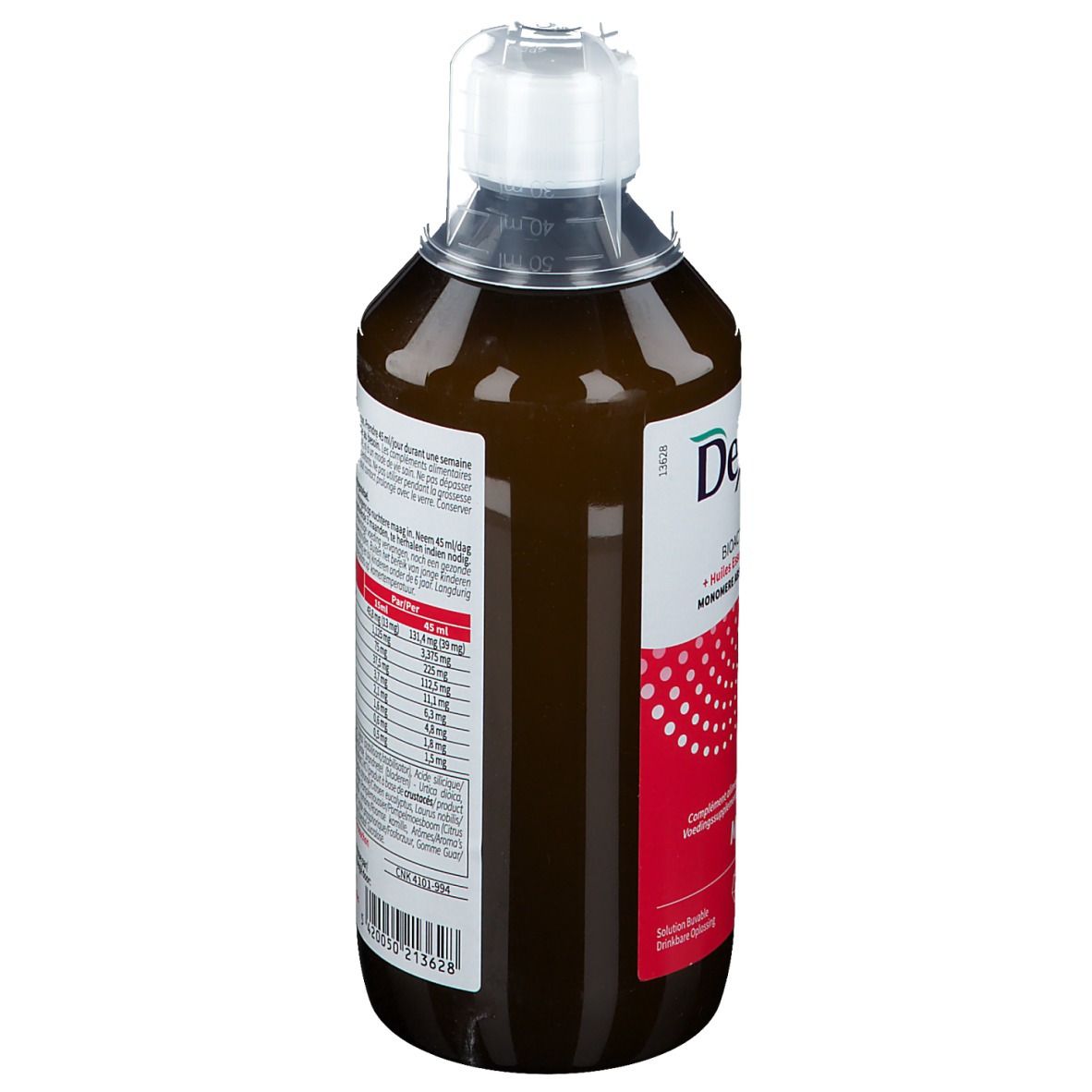 Bouteille de liquide brun. Dos avec ingrédients et informations fabricant.