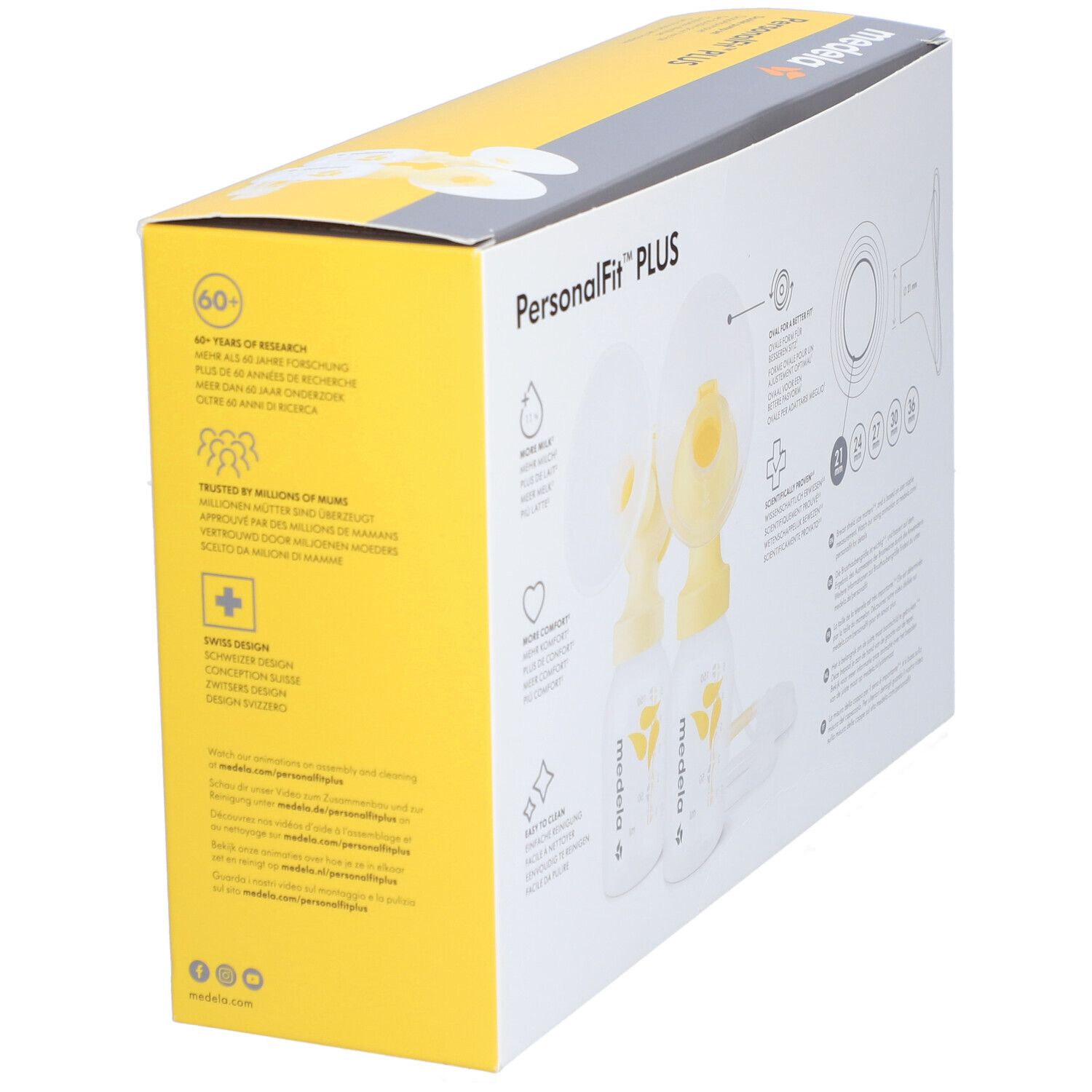 Emballage PersonalFit PLUS double tire-lait. Design jaune et gris avec texte et image du produit.