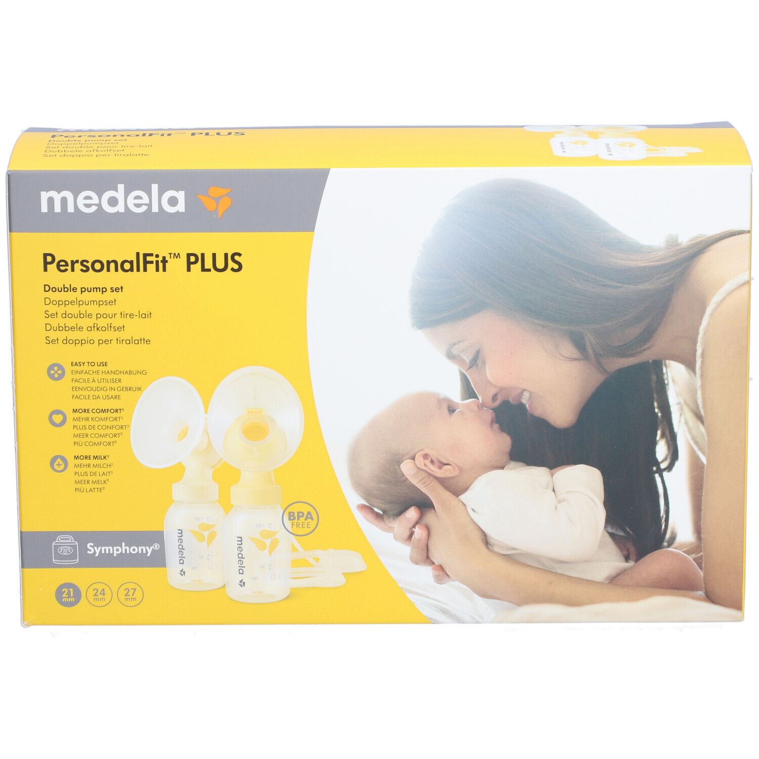 Emballage PersonalFit PLUS double tire-lait. Design jaune et blanc avec image du produit et mère avec bébé.