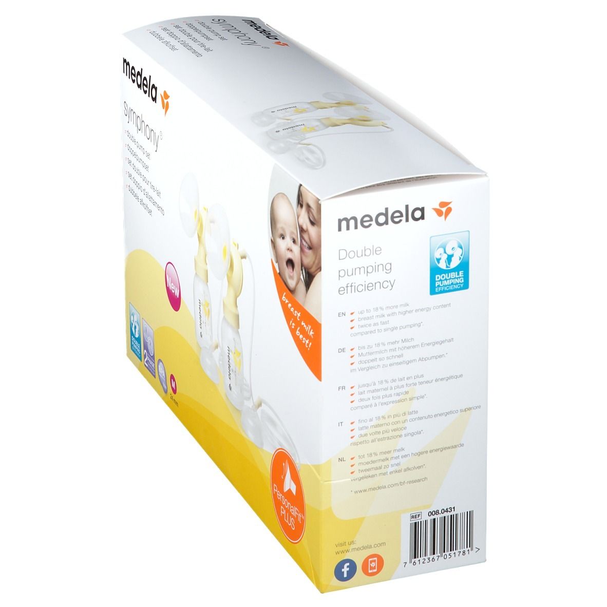 Verpackung der Milchpumpe. Weißer Karton mit Produktnamen und Logo. Aufdrucke mit Produktinformationen und Bildern.