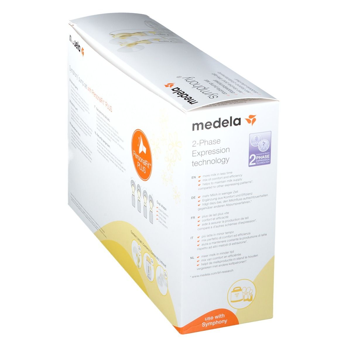 Verpackung der Milchpumpe. Produktname und Logo. Text und Abbildungen. 2-Phasen-Technologie.