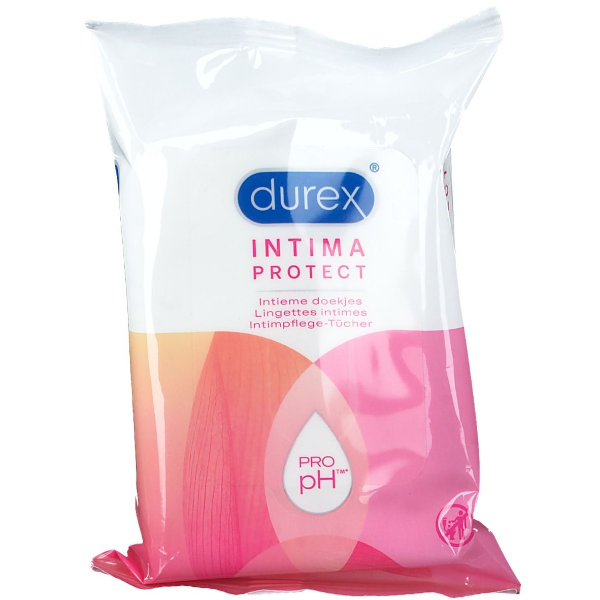 Paquet "durex INTIMA PROTECT". Design rose et blanc, logo goutte, inscription "PRO pH".