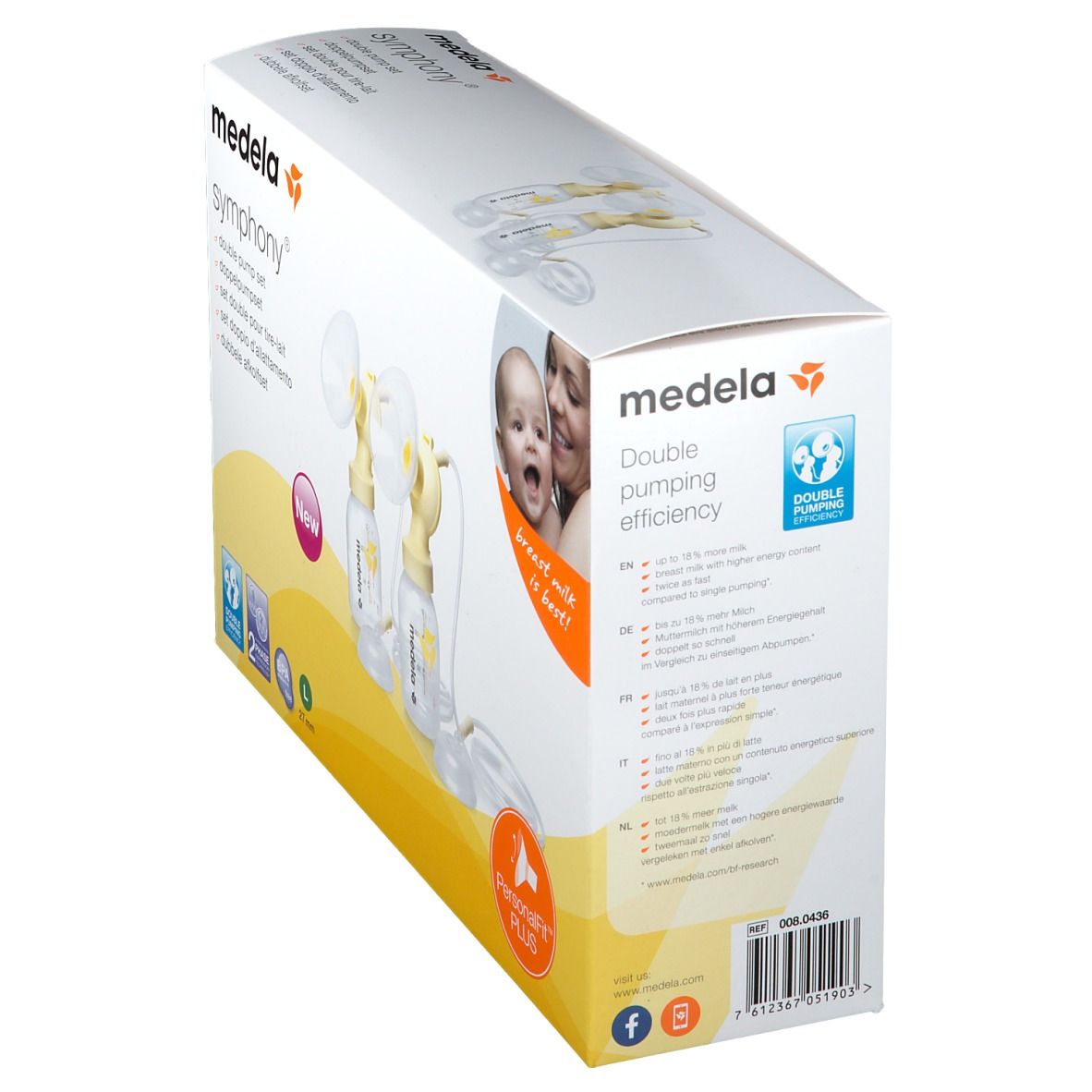 Dos de la boîte Medela Symphony. Contient des informations sur l'efficacité du double pompage. Avec code QR et coordonnées.