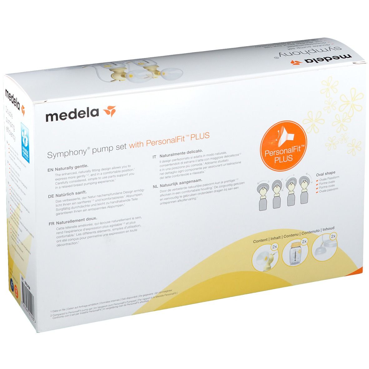 Dos de la boîte Medela Symphony. Texte : Naturellement doux. Illustrations des composants. Logo PersonalFit PLUS.