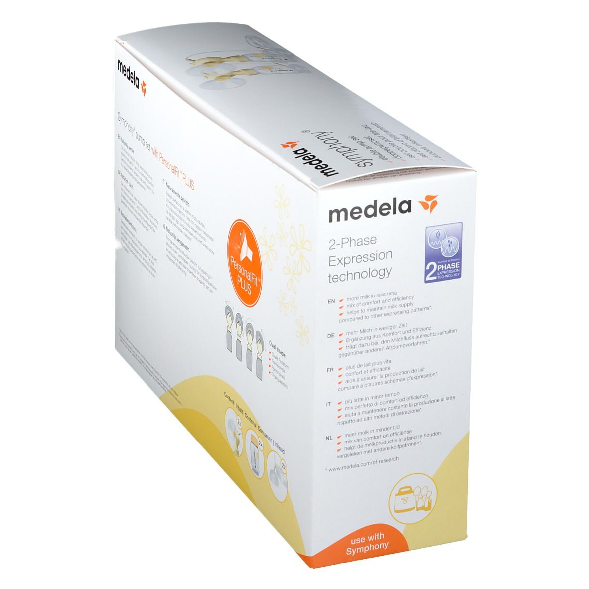 Côté de la boîte Medela Symphony. Montre la technologie d'expression en 2 phases. Contient des informations et des illustrations.