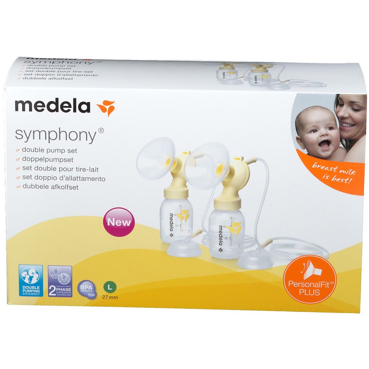 Set double pompe Medela Symphony dans son emballage. Comprend deux biberons, téterelles et tubes. Taille L, 27 mm. PersonalFit PLUS.