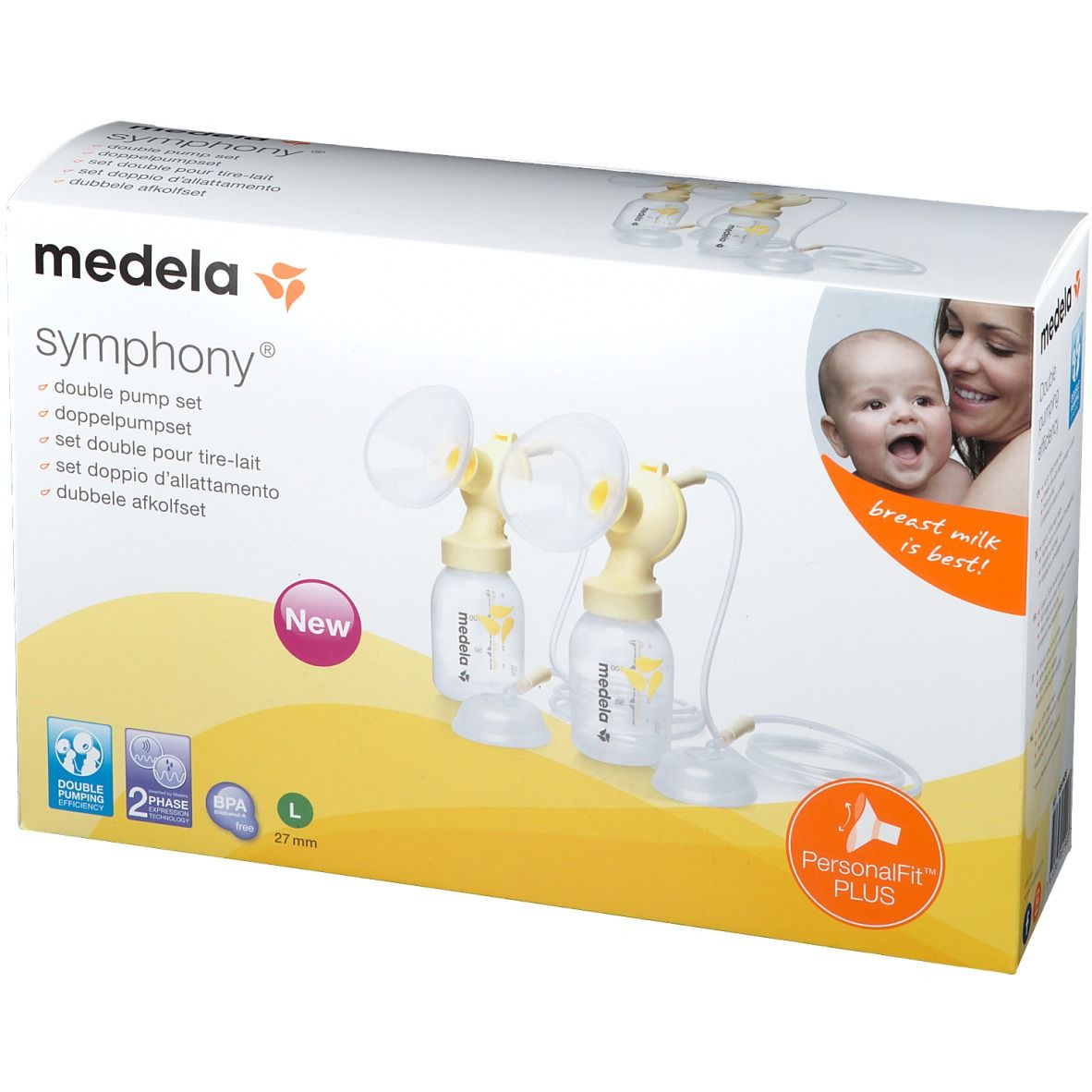 Set double pompe Medela Symphony dans son emballage. Comprend deux biberons, téterelles et tubes. Taille L, 27 mm. PersonalFit PLUS.