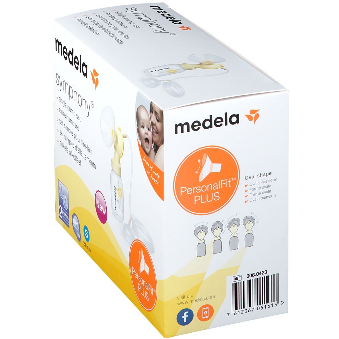 Boîte du set de tire-lait Medela Symphony. Présente le produit et la marque PersonalFit PLUS. Contient une pompe.