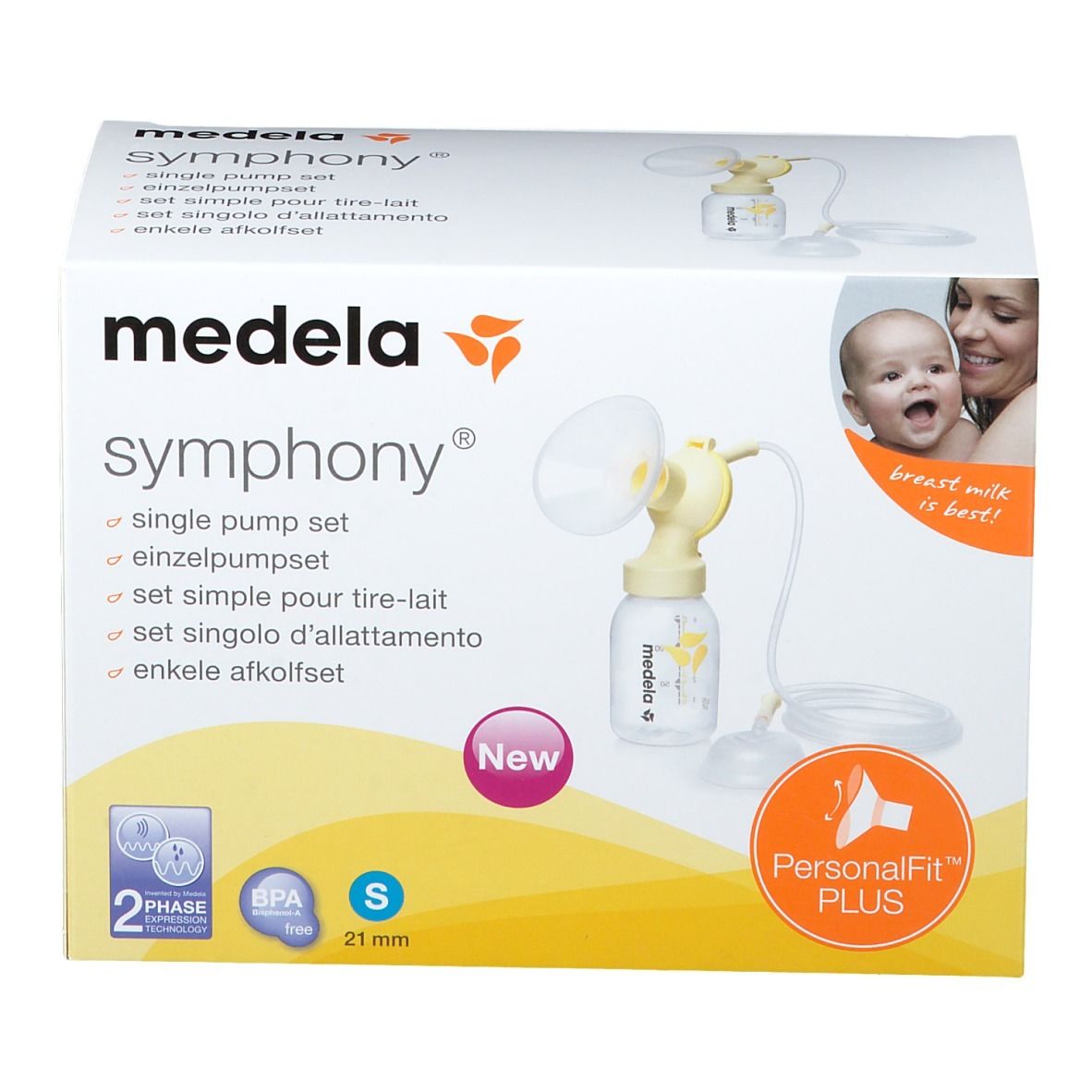 Boîte du set de tire-lait Medela Symphony. Comprend une pompe à lait jaune et des accessoires. Taille S, 21 mm.
